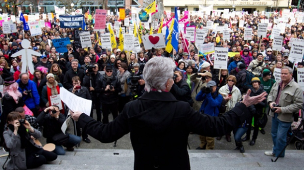 British Columbia Teacher's Federation president Susan Lambert addresses striking teachers and other supporters during a rally on the final day of a three-day province wide walkout in Vancouver, B.C. Click image for CTV News Coverage.